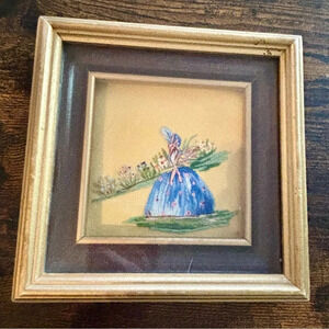 Vintage| 50s Set of 2 Antique Embroidered Ladies in Nature Wall Hangings 5 x 5”